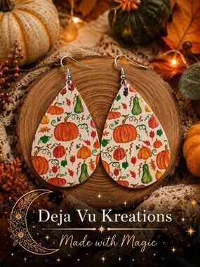 Fall Pumpkin Gourd Faux Leather Teardrop Earrings